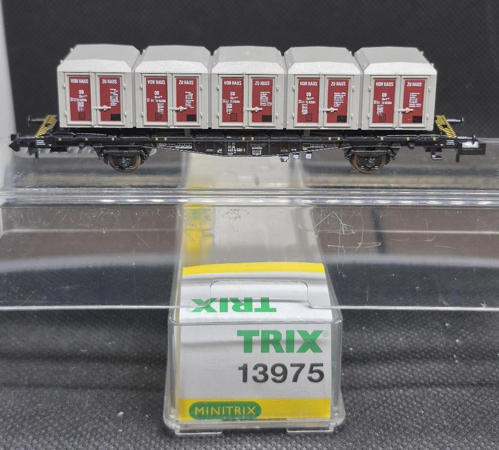 Minitrix 13975 - containerdraagwagen Lgjs598 'HzH' (15197), Gelijkstroom, Trix, Wagon, Ophalen of Verzenden