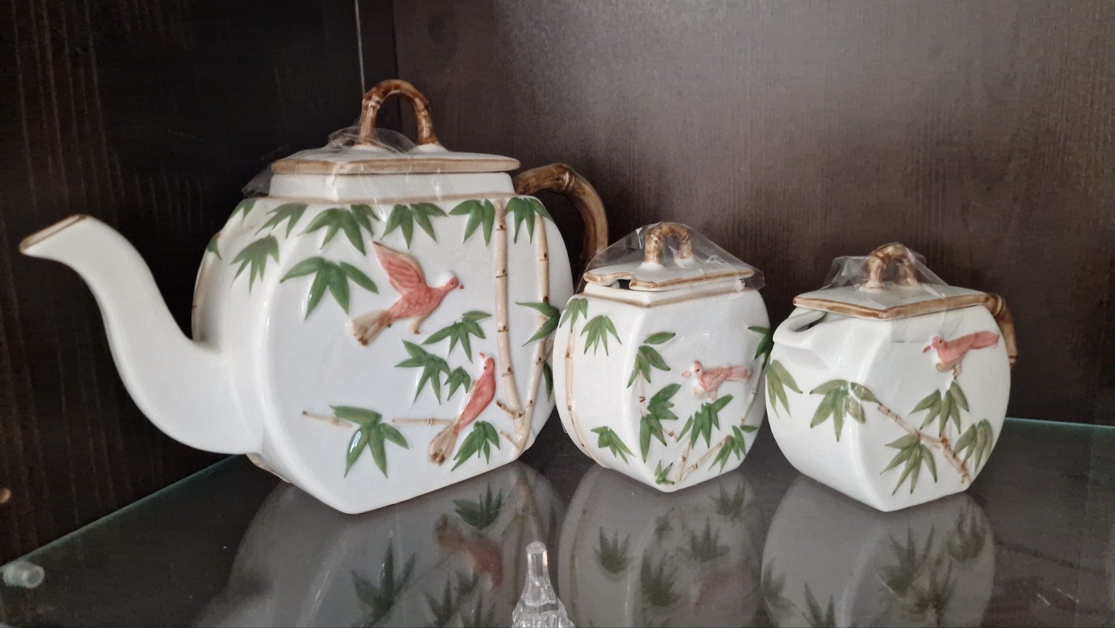 Vintage theepot melkkan suikerpot Vietnam bamboe design, Ophalen of Verzenden