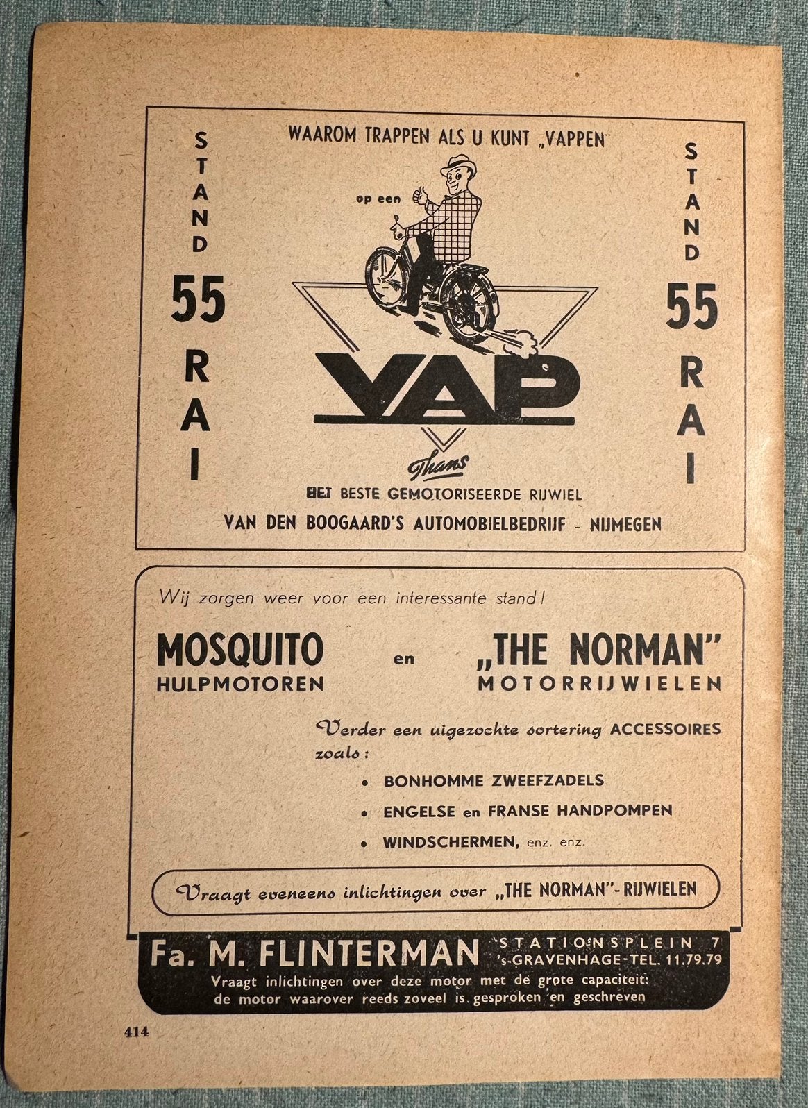 Advertentie VAP rijwiel met hulpmotor Nijmegen van Boogaard, Verzamelen, Verzenden, Zo goed als nieuw, Auto's