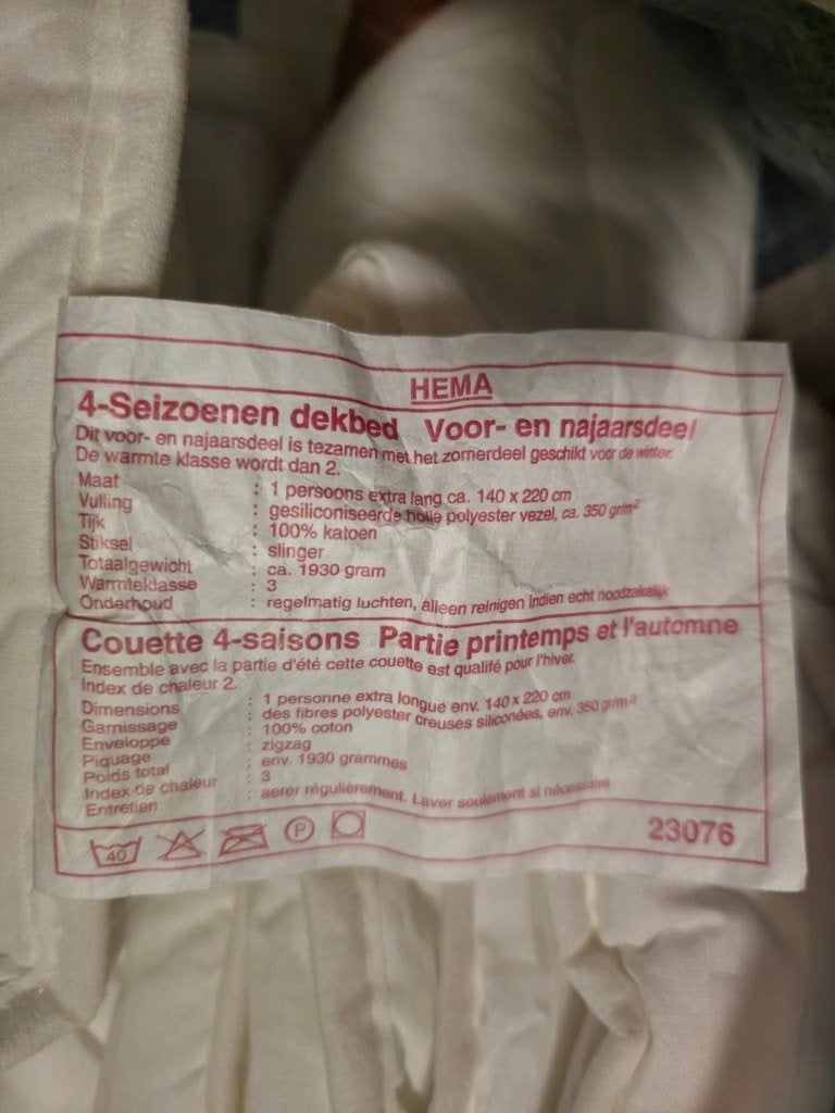 Hema dekbed 140x220 synthetisch 4-seizoenen, nooit gebruikt, Ophalen, Eenpersoons, Wit, Nieuw