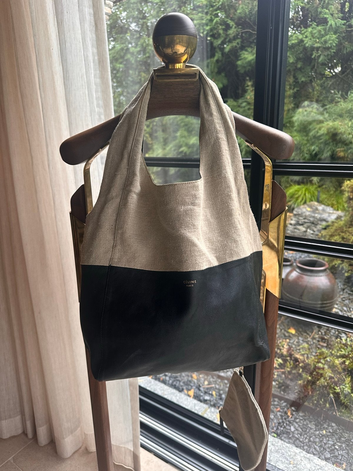 Céline Soft Cabas Hobo Bag - Zwart Leer & Linnen - Vintage, Ophalen of Verzenden, Gebruikt, Beige, Shopper