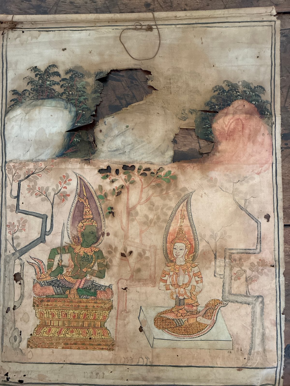 Oude Thaise Boeddhistische Tempel Wandkleden (2 stuks), Wanddecoratie, Textiel, Ophalen of Verzenden, Meerkleurig