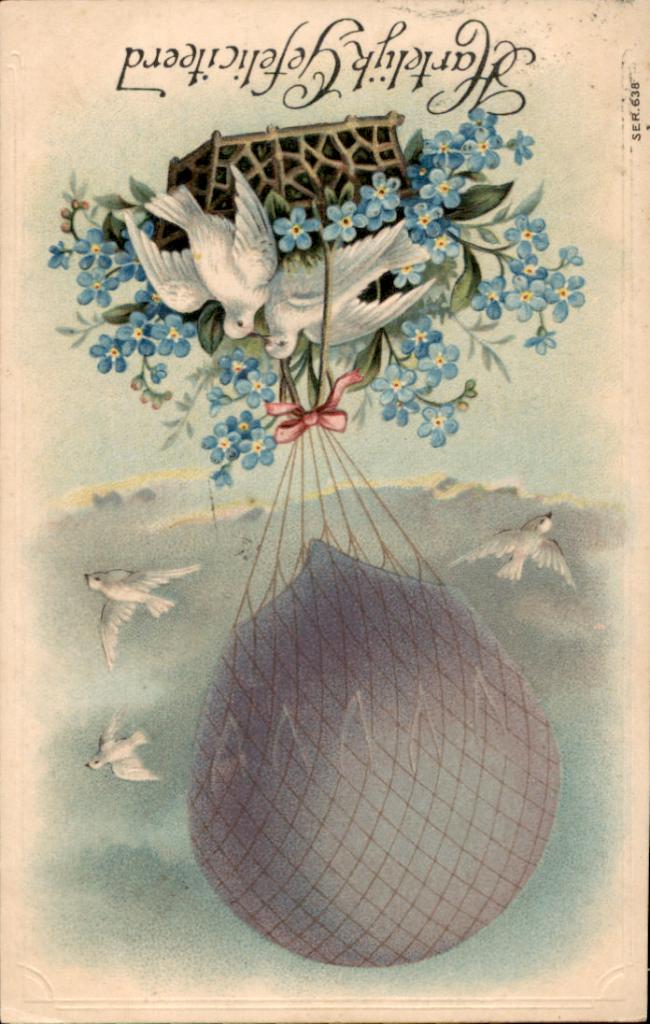 antieke reliefkaart, luchtballon, duiven, vergeet me nietjes, Verzenden, Voor 1920, Gelopen, Overige thema's