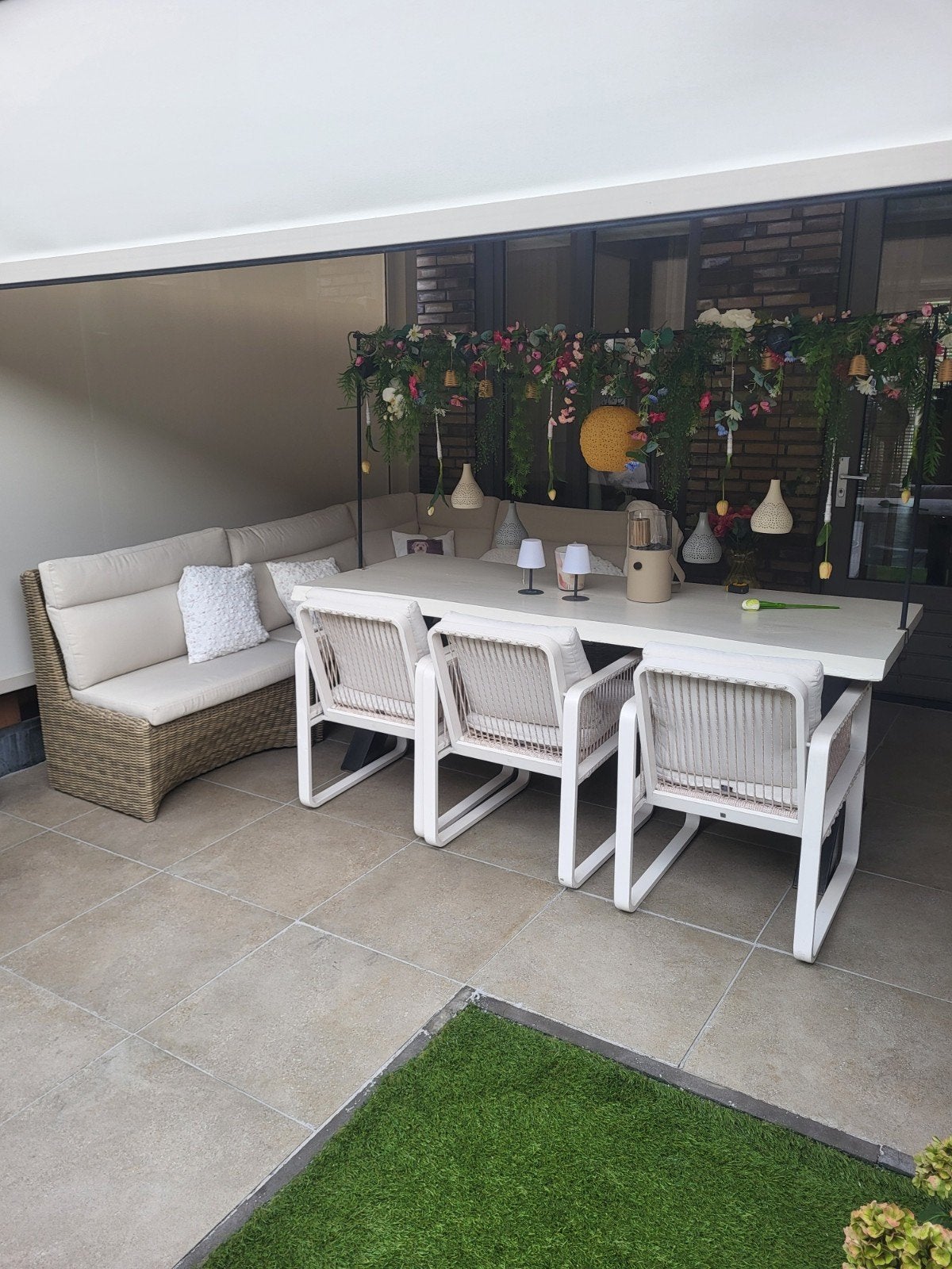 Hoekbank met 3 stoelen en tafel, Tuin en Terras, Ophalen, Gebruikt, Aluminium, 8 zitplaatsen