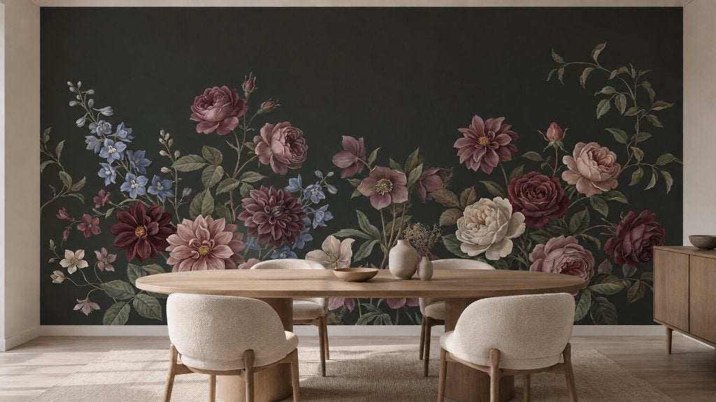 Bloemen behang – donker boeket in bordeaux en oudroze, Bloemen, Overige merken, Ophalen of Verzenden, Fotobehang