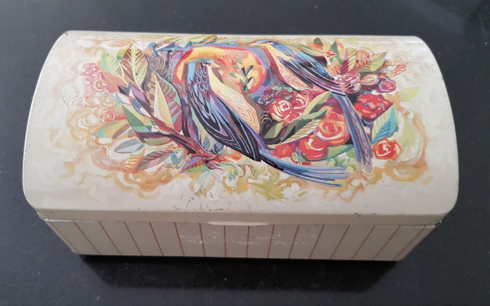 Douwe Egberts Theeblik/kistje met paradijsvogels - 16x9x8 cm, Ophalen of Verzenden, Zo goed als nieuw, Thee, Douwe Egberts