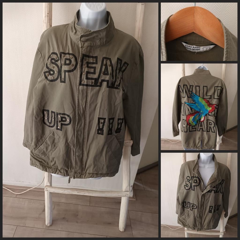 Zara Basic Denim Jas met 'Speak Up' en Papegaai Print, Zara Basic, Ophalen of Verzenden, Zo goed als nieuw, Groen