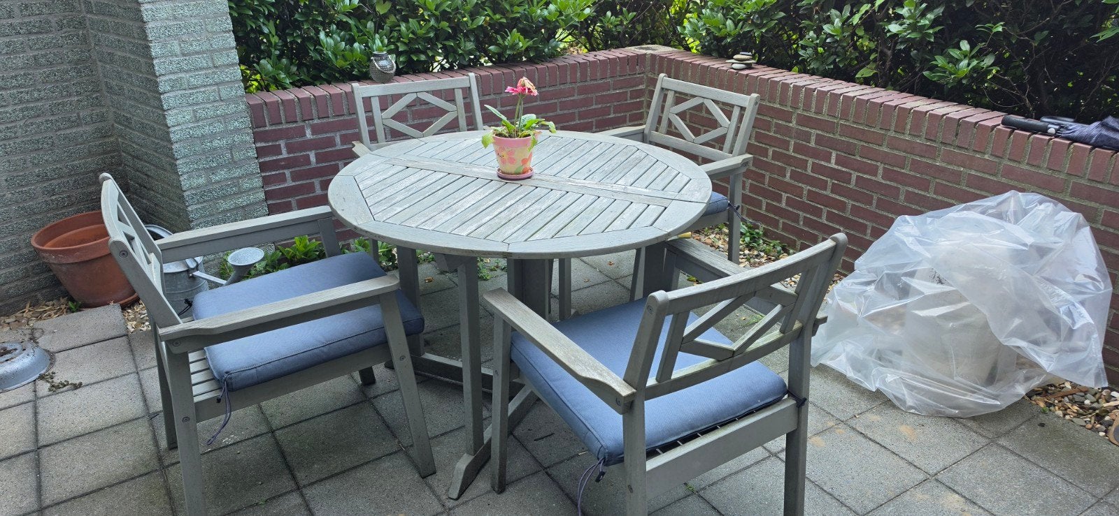 Houten tuinset met ronde tafel en 4 stoelen, Tuin en Terras, Tuinsets en Loungesets, Ophalen, 4 zitplaatsen, Gebruikt, Tuinset