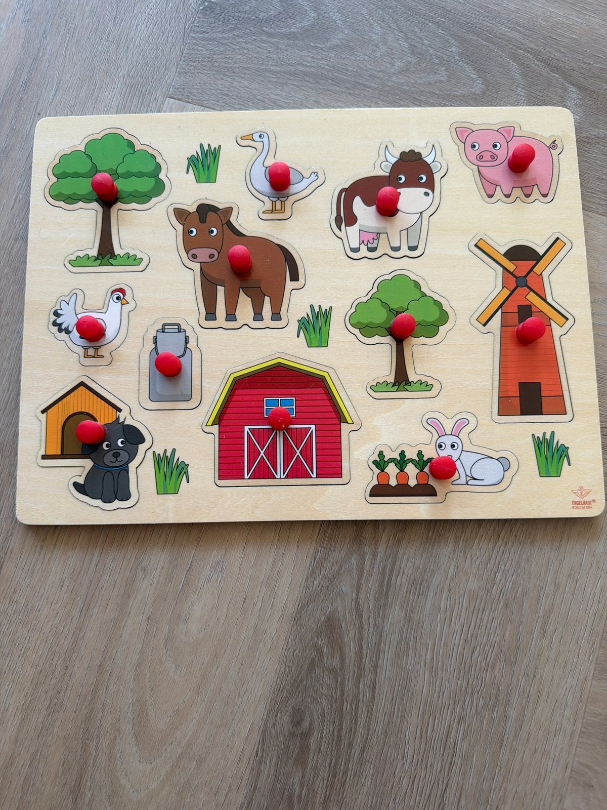 Houten boerderij puzzel met knoppen voor peuters, Ophalen of Verzenden, Gebruikt, Puzzelen