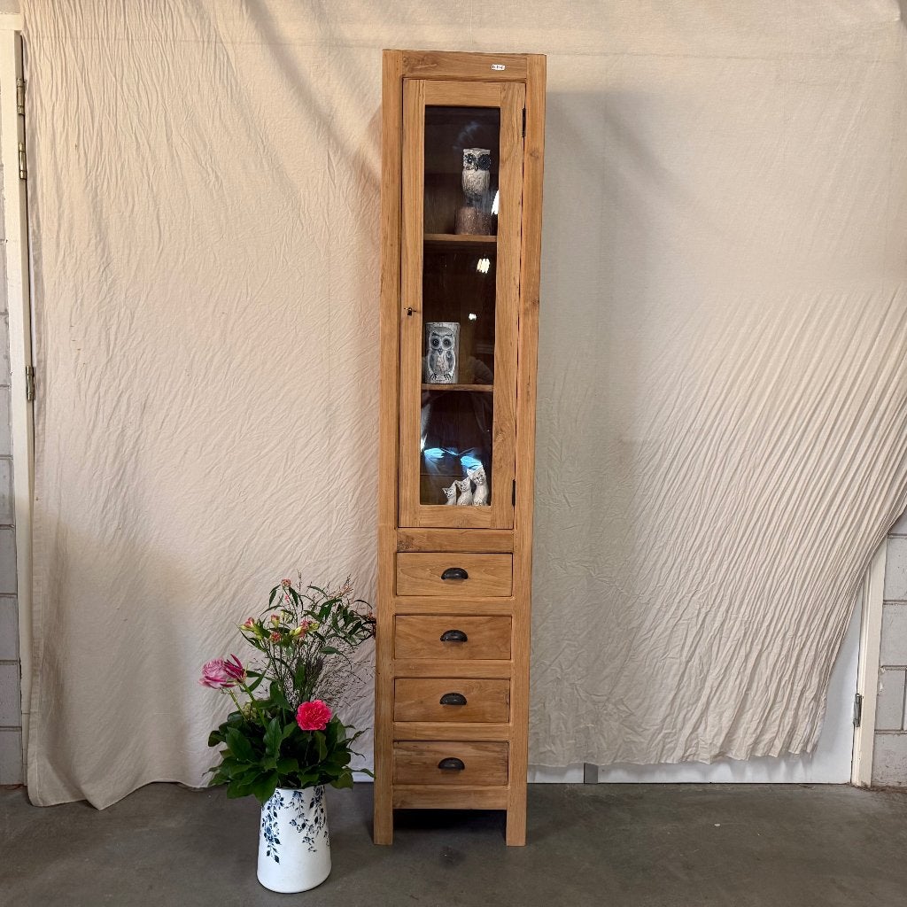smalle vitrinekast teak - 40 cm breed - Gratis bezorgd, TTM Wonen, Meubels – (Perzische) Tapijten en Woonaccessoires, Minder dan 50 cm