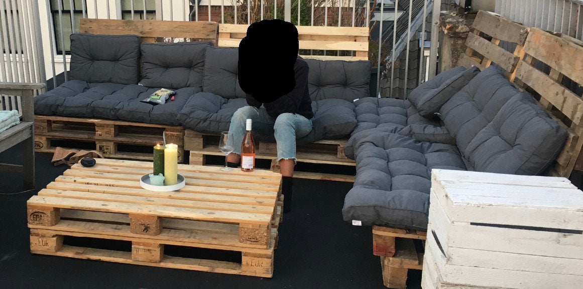 Grijze palletbank kussens, Tuin en Terras, Ophalen, Gebruikt, 8 zitplaatsen, Loungeset