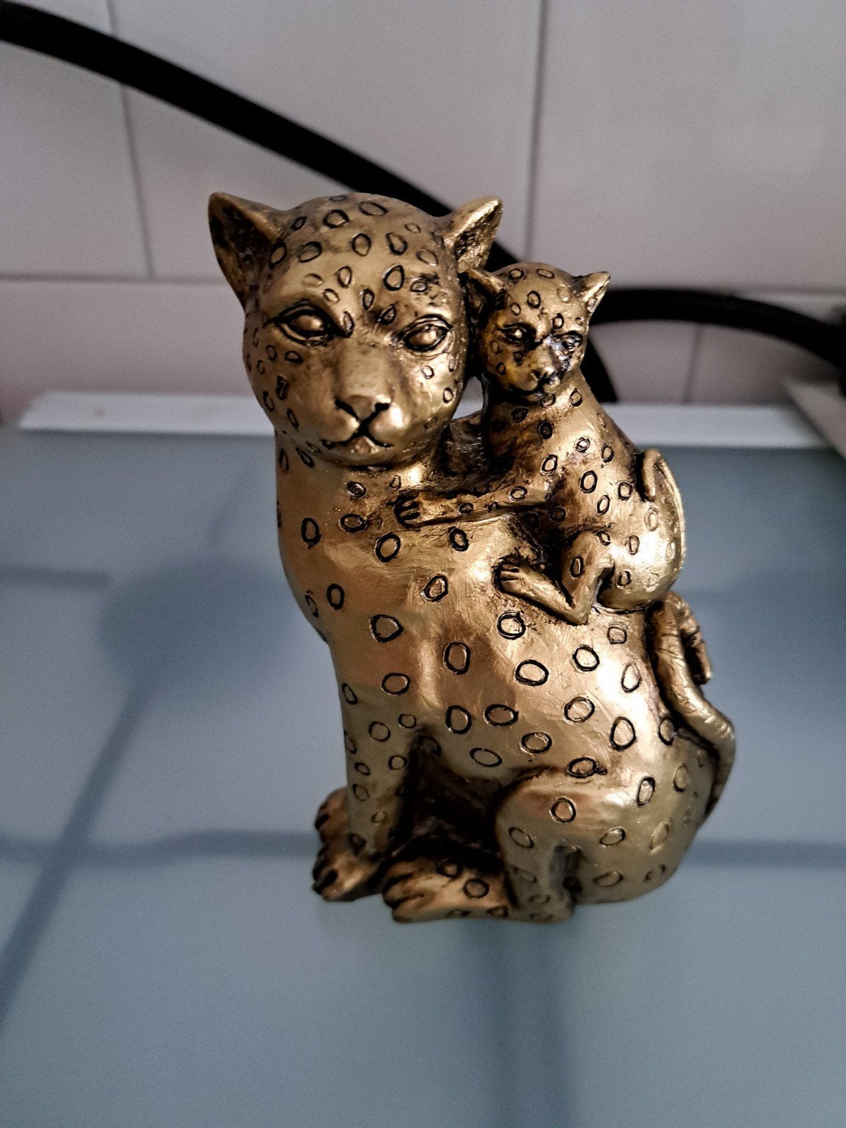 Gouden Luipaard Beeldje met Welp - Decoratief, Gebruikt, Overige materialen, Ophalen of Verzenden, Goud