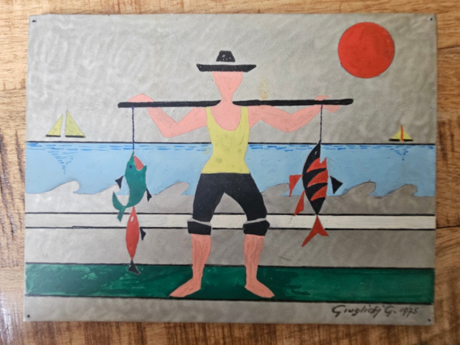 Vintage Naïef Kunstwerk Visser Giuglitti G 1975 Metaal, Ophalen of Verzenden