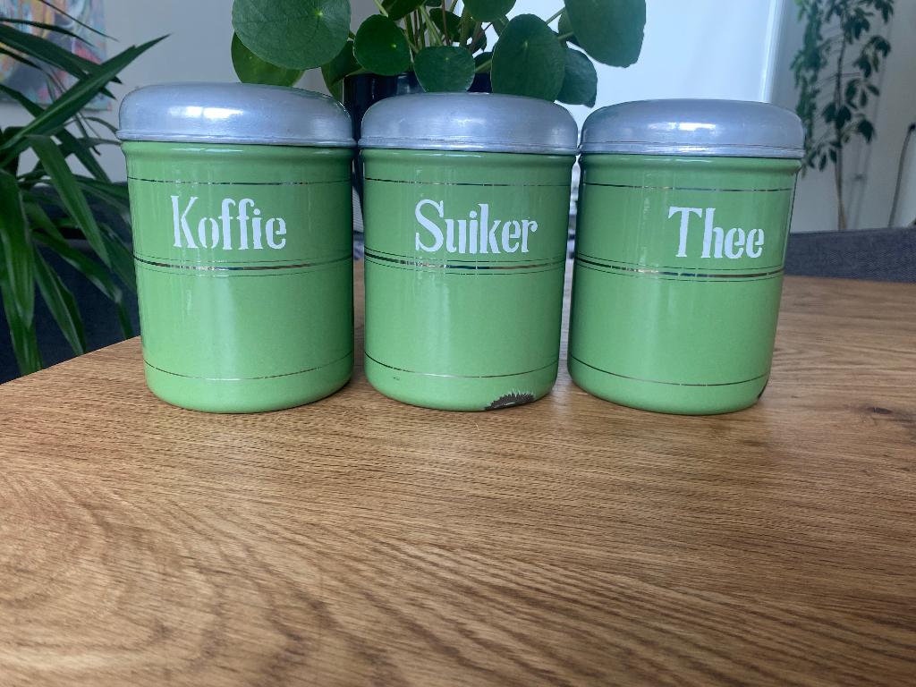 Vintage voorraadbussen Koffie Thee en Suiker, Antiek en Kunst, Antiek | Emaille, Ophalen