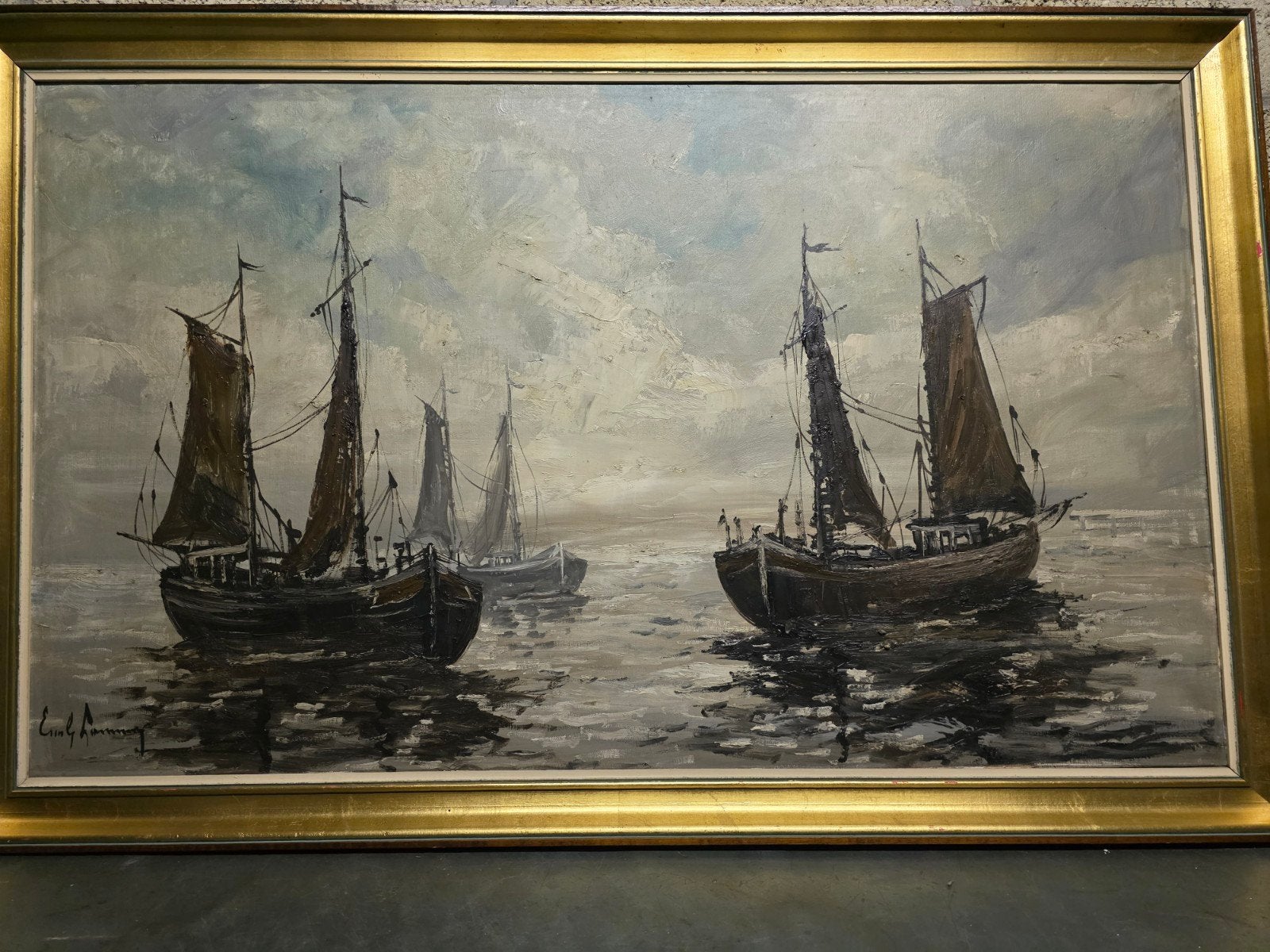 Maritiem Schilderij: Zeilschepen op Zee, gesigneerd, Ophalen of Verzenden