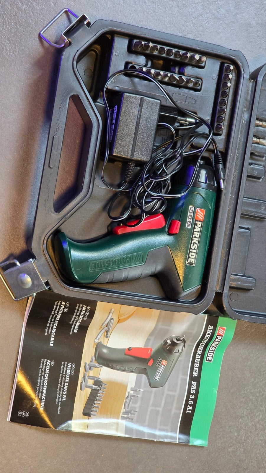 Parkside Accuschroevendraaier PAS 3.6 A1 met accessoires, Ophalen of Verzenden, Zo goed als nieuw, Minder dan 400 watt, Boor- en Schroefmachine