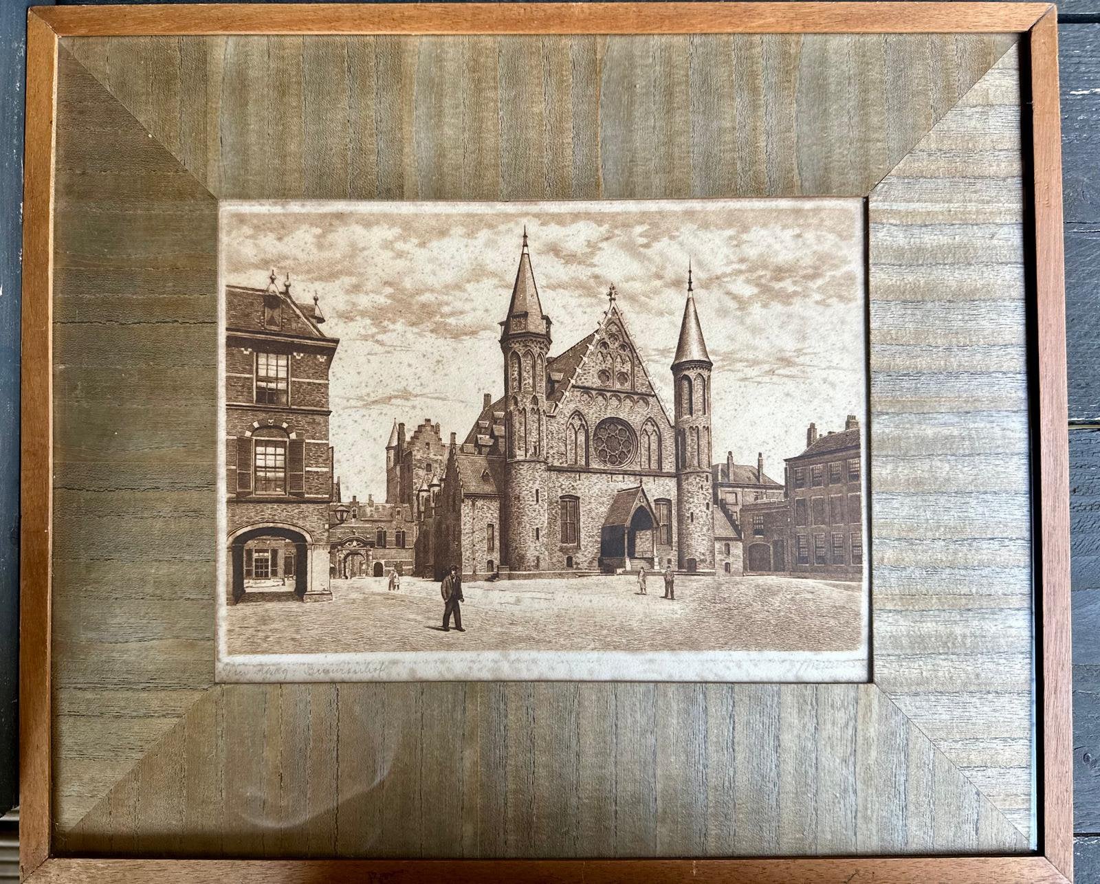 Te koop, ets van Jan Sirks, van het Binnenhof., Antiek en Kunst, 48 cm, Ets, Stadsgezicht, 41 cm