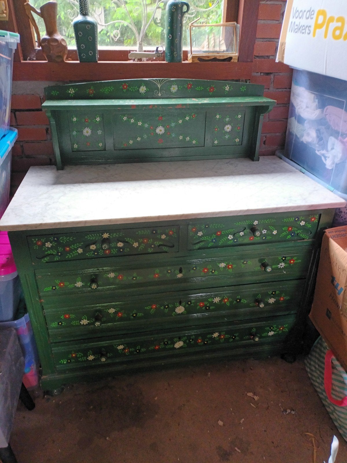 Antieke Groene folklore Ladenkast met Marmeren Blad, Ophalen, Gebruikt, Overige materialen, 100 tot 150 cm