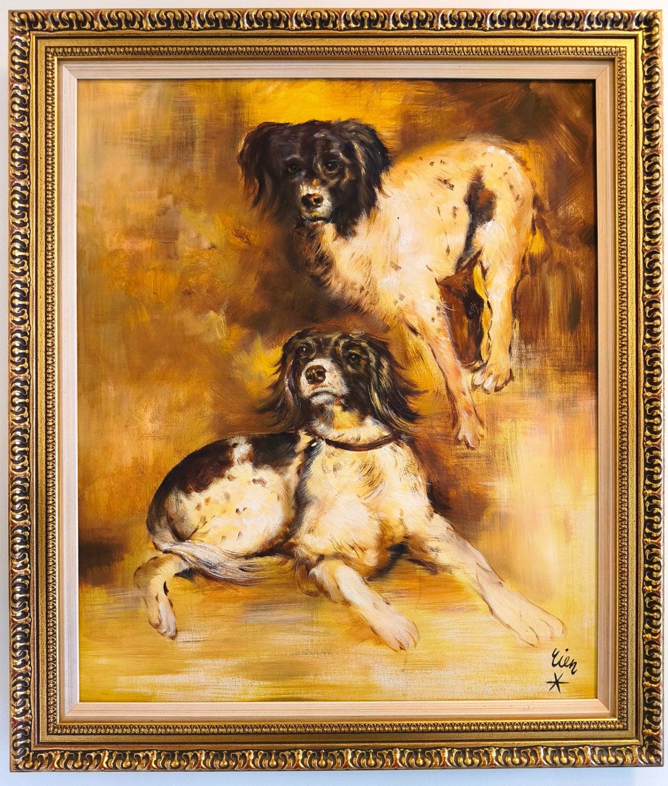 Schilderij van twee honden, gesigneerd 'Rien', Dieren, Ophalen of Verzenden, Handgeschilderd, Olieverf