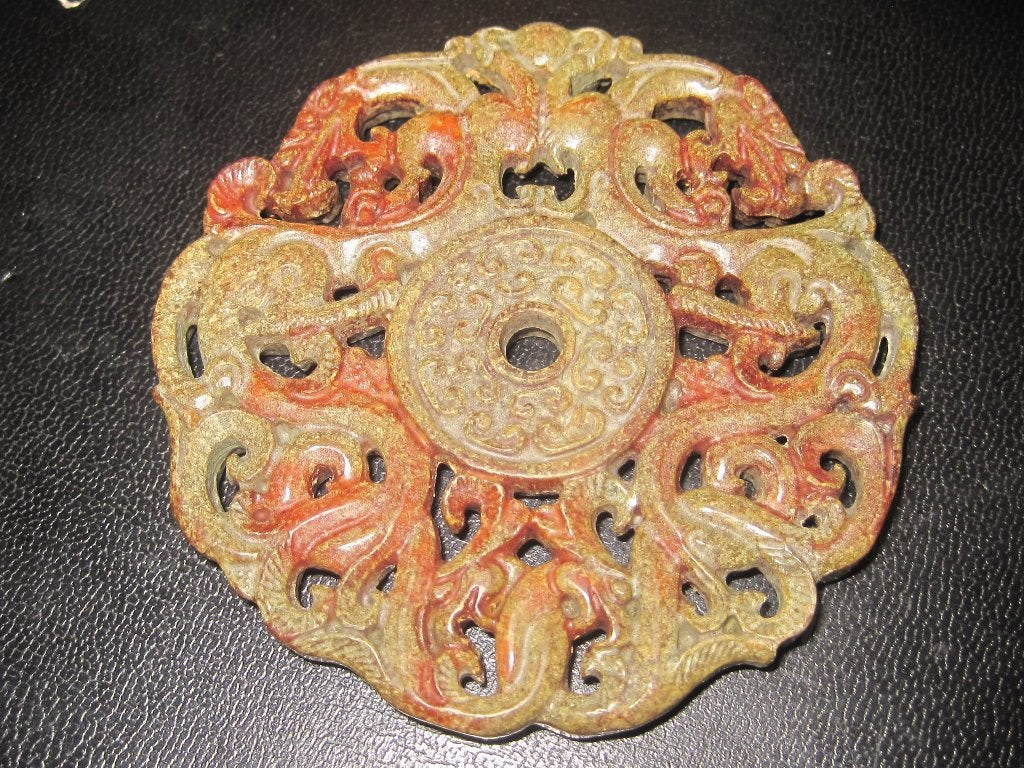 Chinees draak- en feniksdesign Jade amulet Yu Bi (玉璧) 7 cm, China, Ophalen, Gesneden