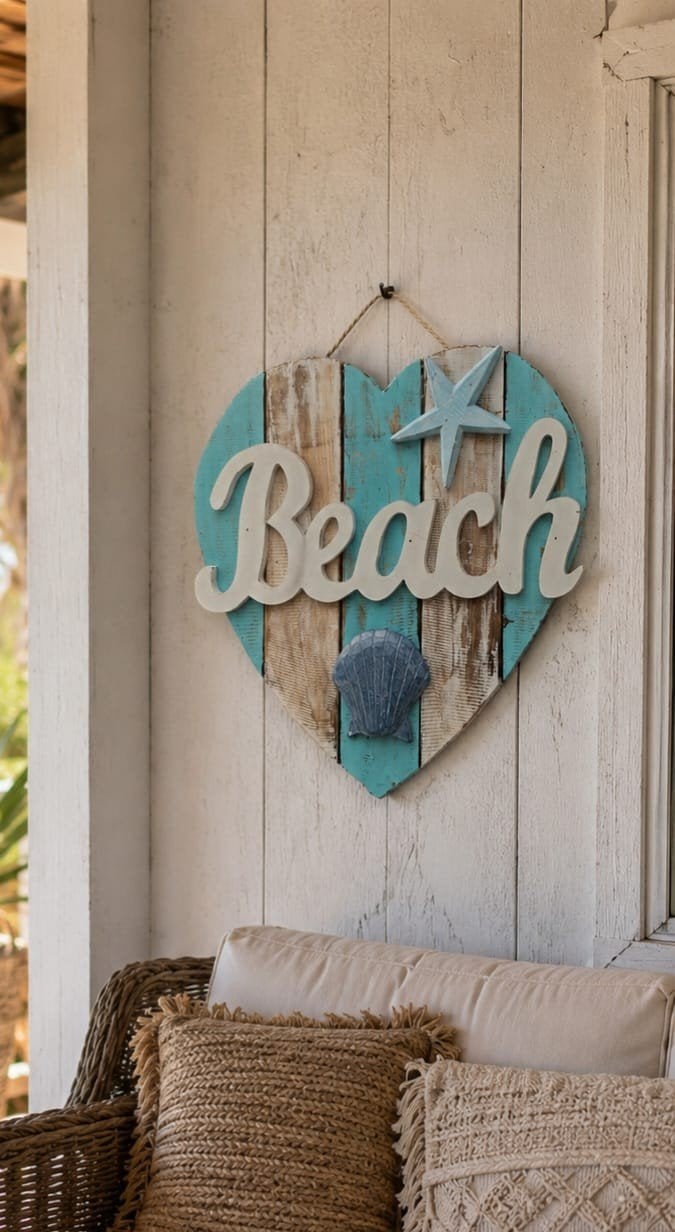 Houten Hart 'Beach' Decoratie - Wit, Turquoise, Blauw, Hout, Blauw, Boho, Nieuw
