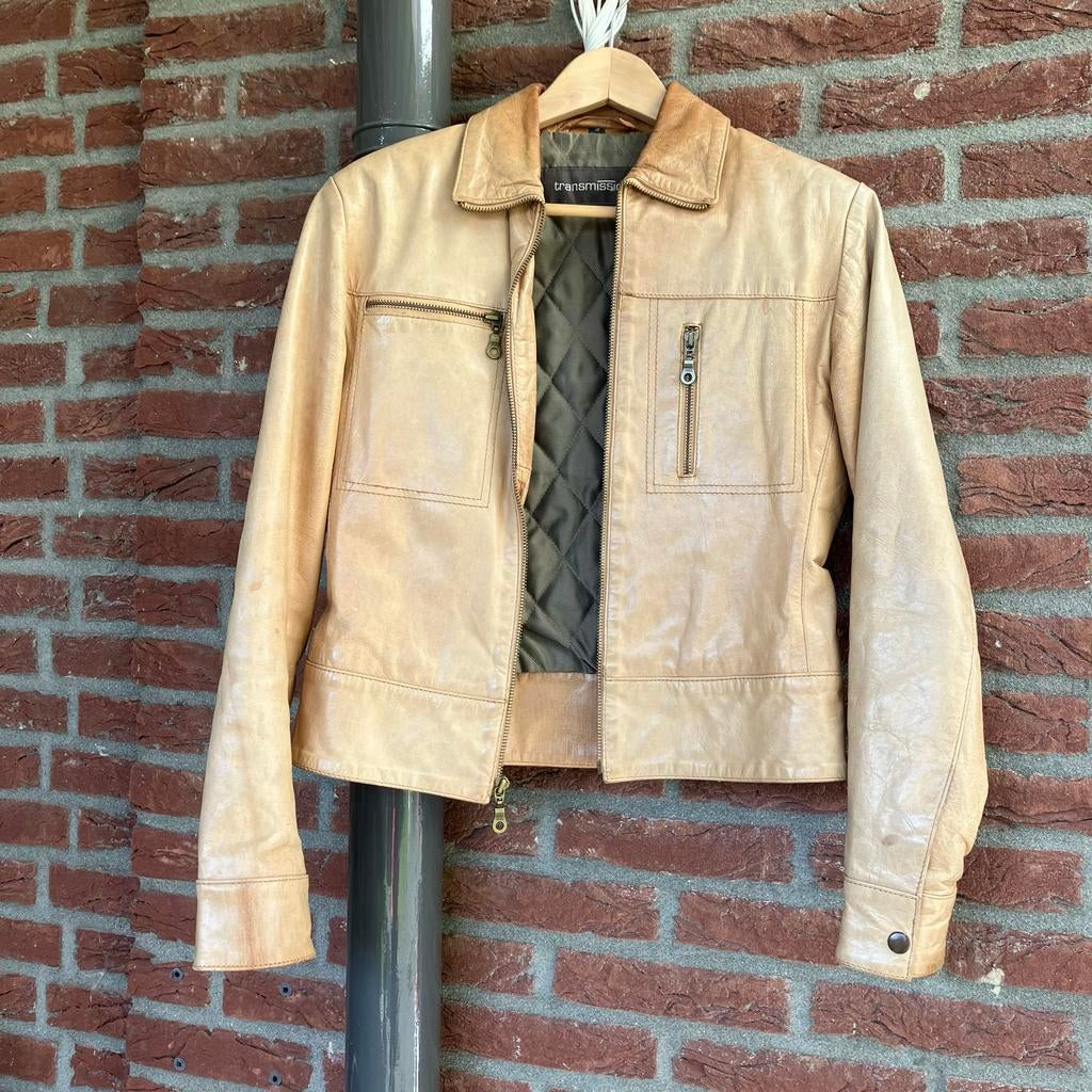Transmission Leren Jas - Beige, Maat S, Kleding | Dames, Ophalen of Verzenden, Gedragen, Maat 36 (S), Beige