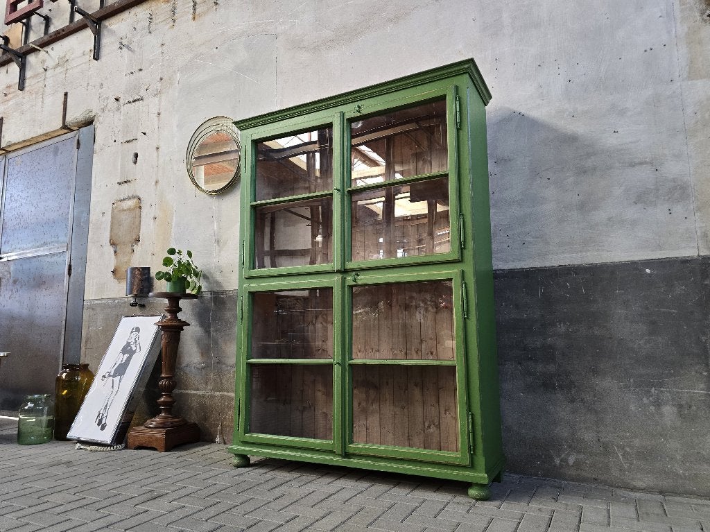 XL Vintage Houten Vitrinekast Groen | Grote Vitrine Kast 1, Huis en Inrichting, Antiek Retro Vintage Brocante Landelijk, 200 cm of meer