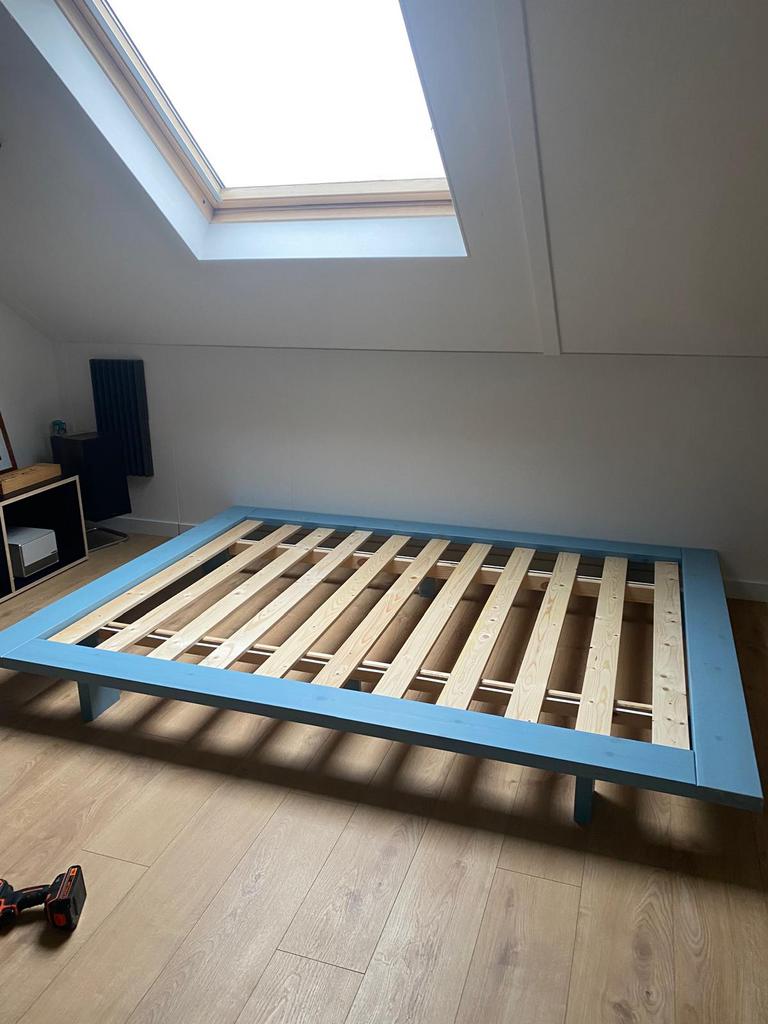 Karup futonbed Japan blue dream 140x200, Huis en Inrichting, Slaapkamer | Bedden, Ophalen, Blauw, Tweepersoons, 140 cm