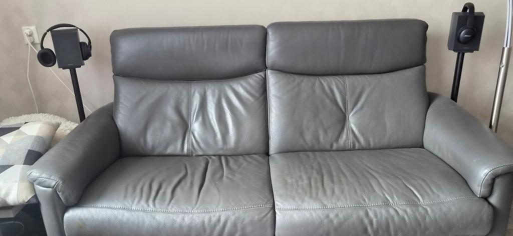 Bankstel 2 en 2.5 zits  grijs leer, Huis en Inrichting, Banken | Bankstellen, Gebruikt, Ophalen of Verzenden, 200 tot 250 cm, Vierpersoons of meer