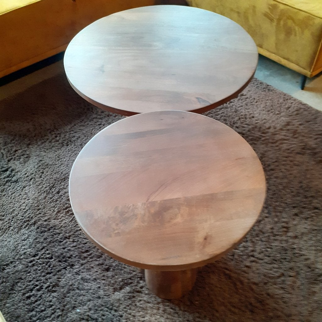 2 Mango bijzettafels. NIEUW., Rond, Nieuw, Ophalen of Verzenden, 75 cm of meer
