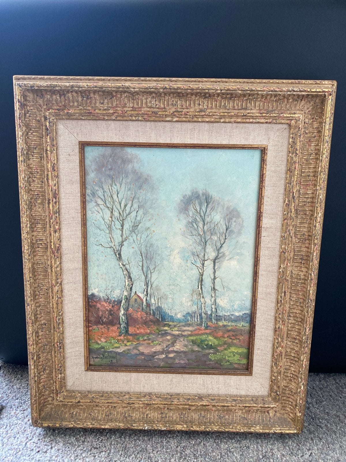 Schilderij: Landschap met berkenbomen, gesigneerd 1958, Antiek en Kunst, Kunst | Schilderijen | Klassiek, Ophalen, Gedateerd, Doek