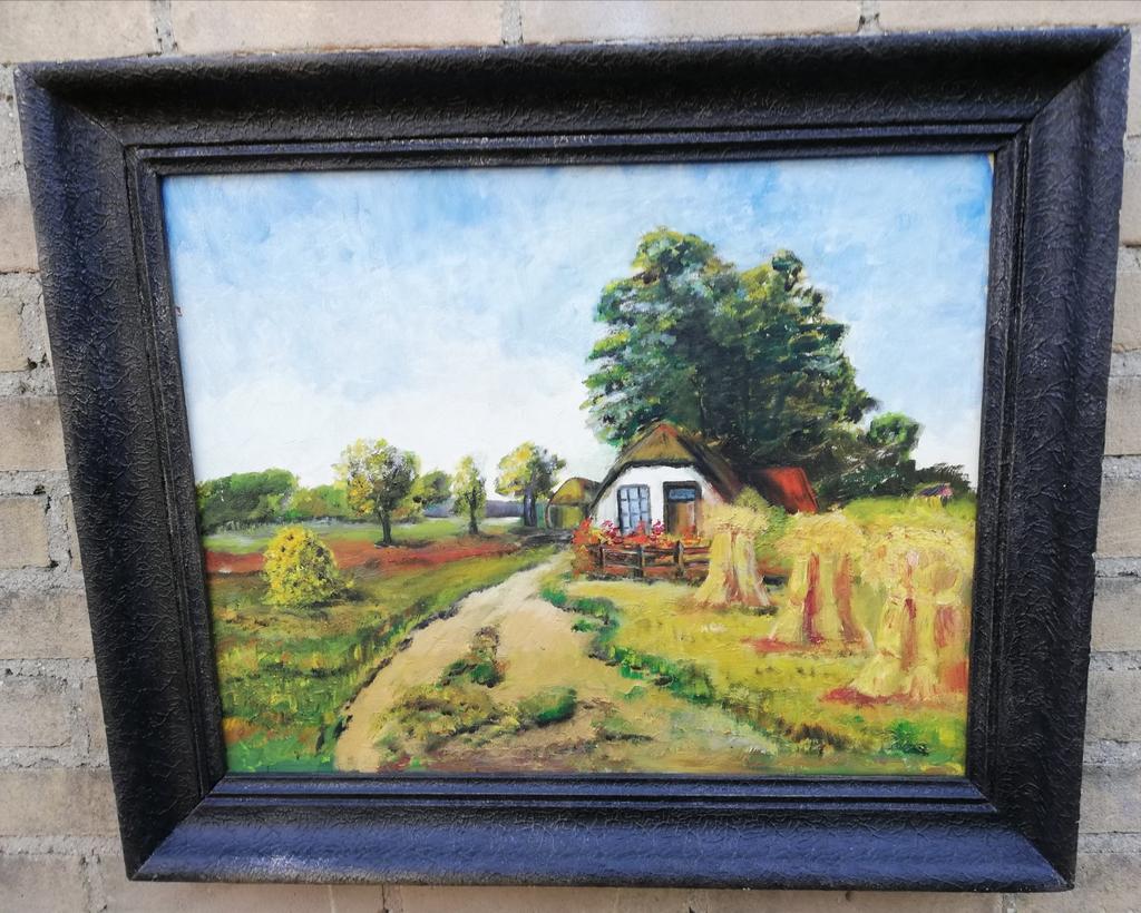 Boerderij met korenstoven. Olie/doek. 60/50 cm., Antiek en Kunst, Kunst | Schilderijen | Klassiek, Ophalen