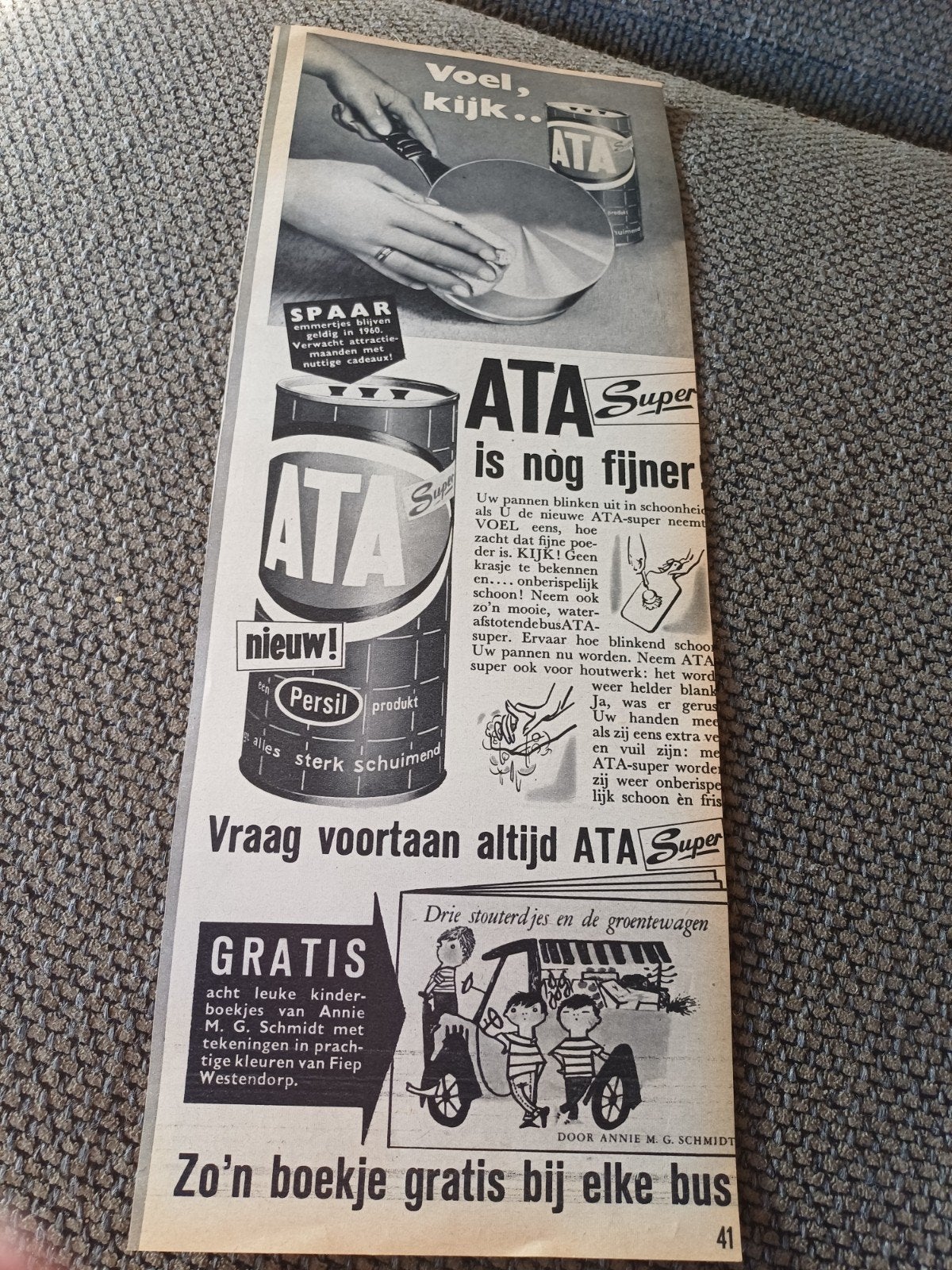 advertentie Ata schuurmiddel 5 Annie M.G Schmidt 1959, Verzamelen, Ophalen of Verzenden, Zo goed als nieuw, Overige typen