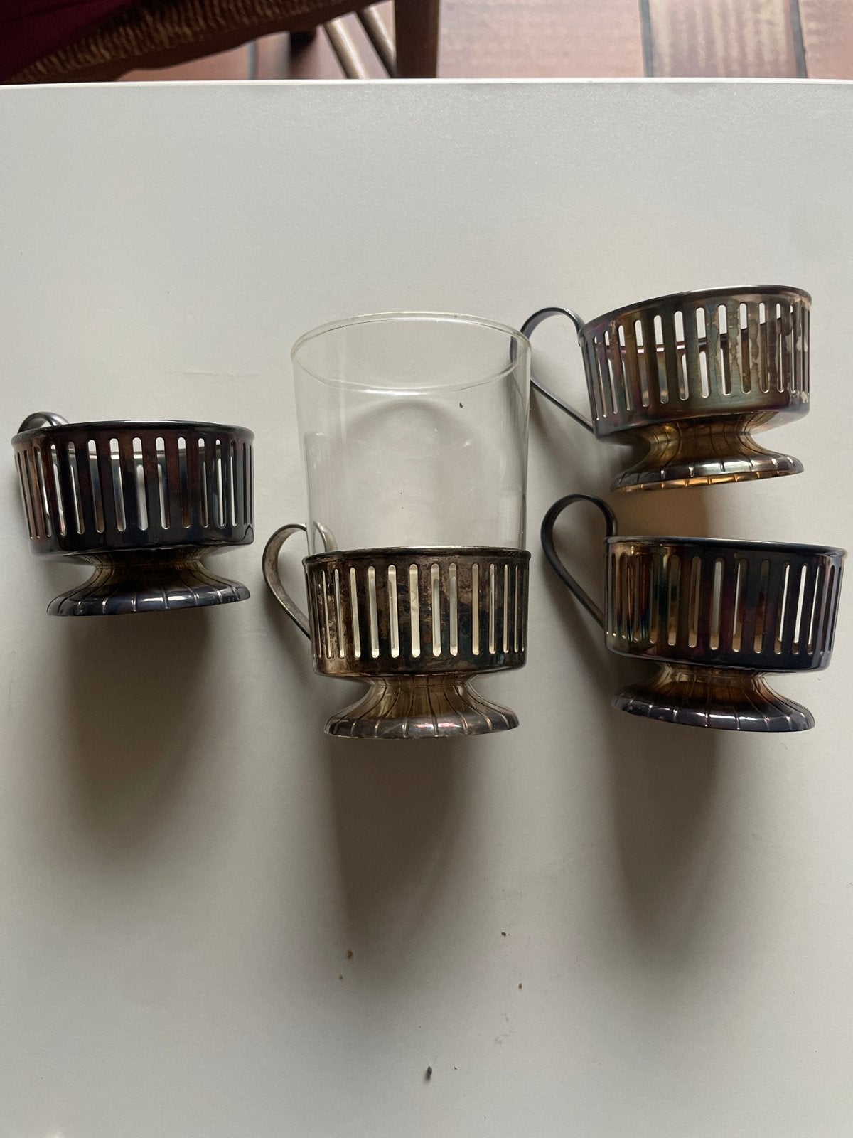 Set van 4 Douwe Egberts thee glashouders met glas, Antiek en Kunst, Ophalen of Verzenden