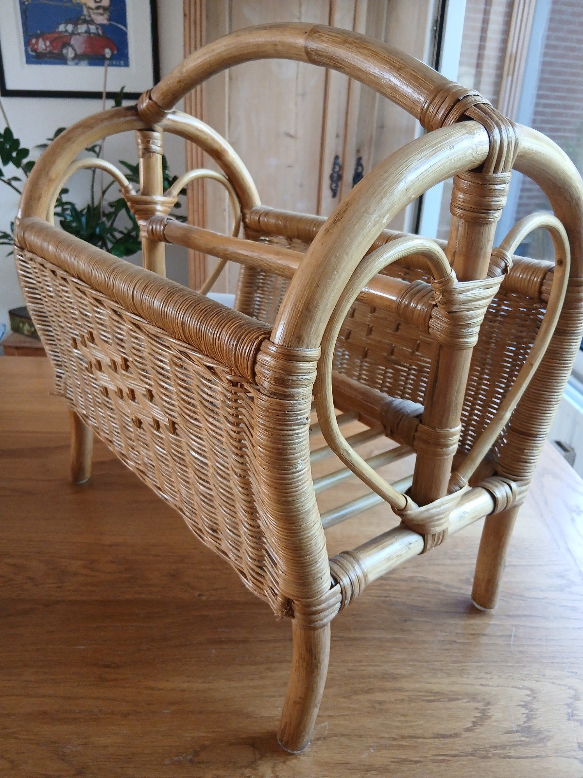 Vintage rotan tijdschriftenmand - 45x46x28 cm, Ophalen, Vintage, Gebruikt, Natuurlijk materiaal