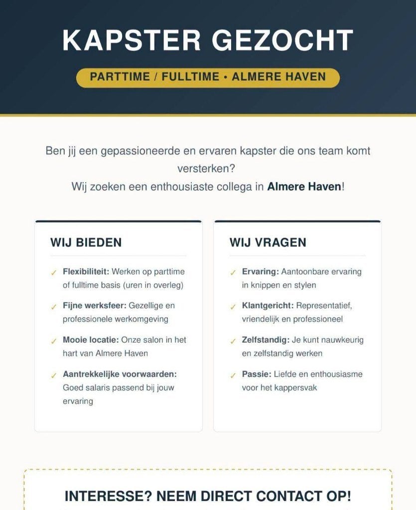 Kapster gezocht: Parttime/Fulltime in Almere Haven, Ophalen of Verzenden, Tondeuse