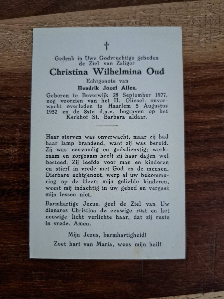 Christina Wilhelmina Oud - Beverwijk 1877 Haarlem 1952, Ophalen of Verzenden, Bidprentje