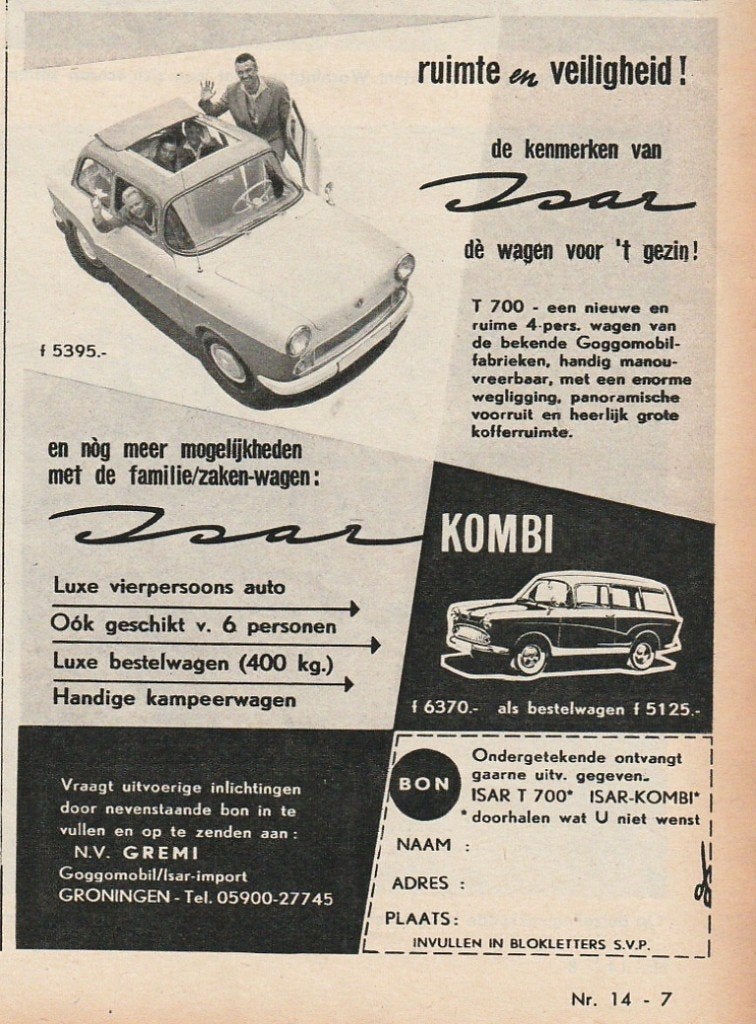 retro reclame 1960 Isar auto Gremi de familiewagen, Verzenden, Overige typen