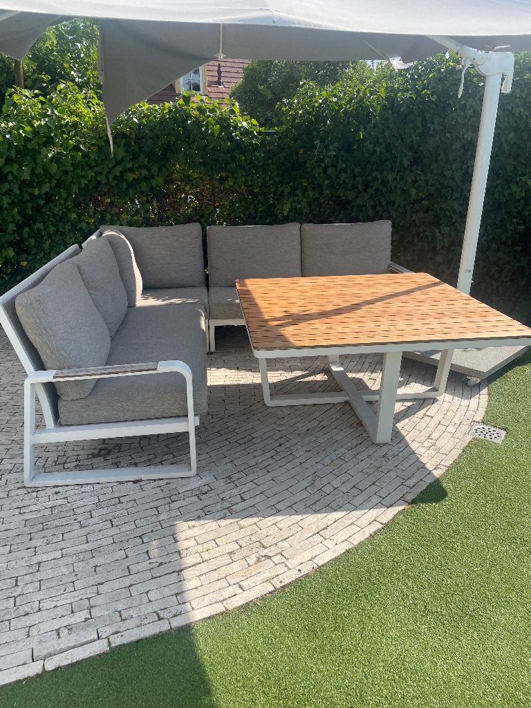 Luxe aluminium loungeset met teakhouten tafel, Ophalen, 4 zitplaatsen, Aluminium, Zo goed als nieuw