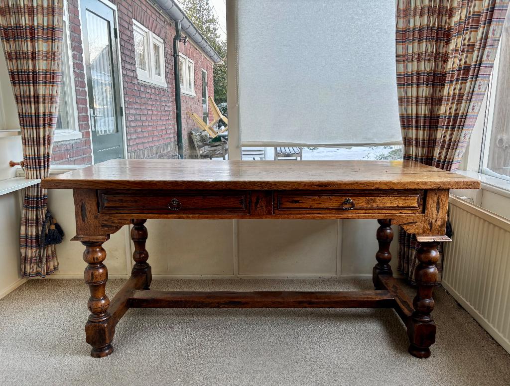 Bureautafel oud eiken met lades, Ophalen, Gebruikt, 166 cm, Bruin