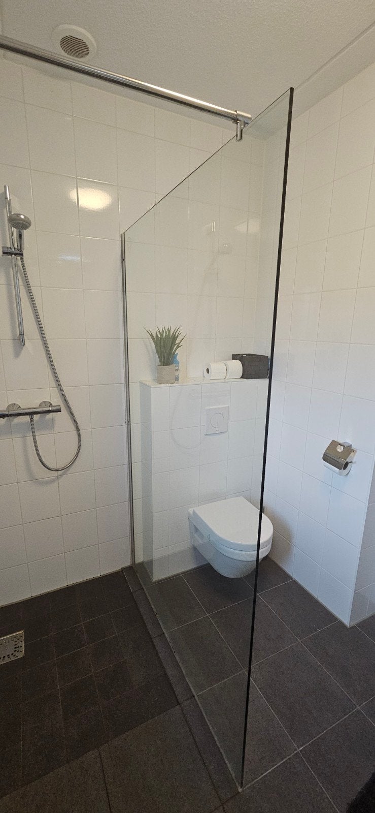 Glazen douchewand met stang, Ophalen, Gebruikt, Glas, Douche