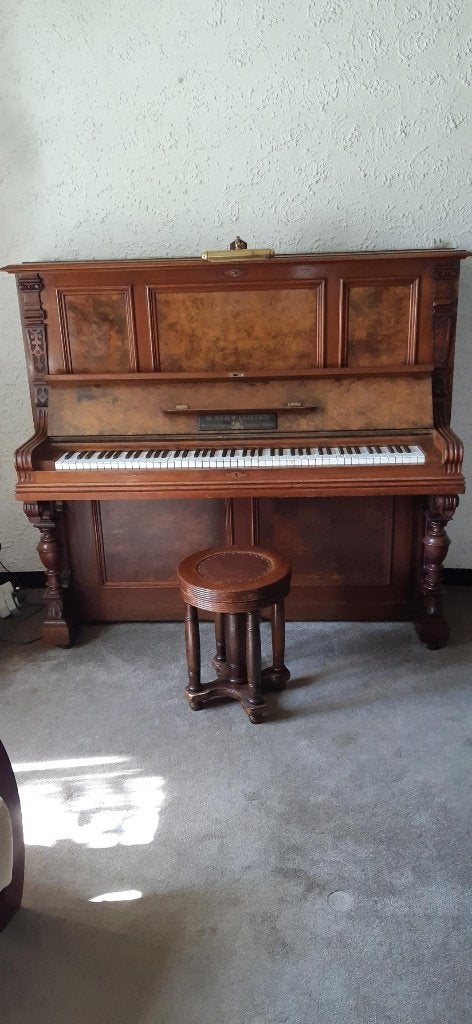 Piano Forte met kruk en lampje, Ophalen, Gebruikt, Bruin, Piano