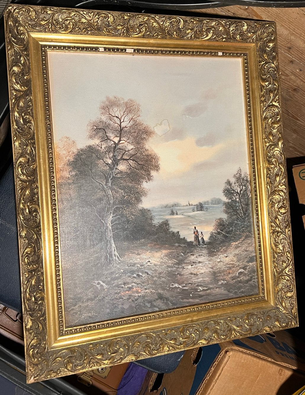 Klassiek landschap schilderij met gouden lijst Albert Franke, Doek, Ophalen of Verzenden, Landschap, Olieverf