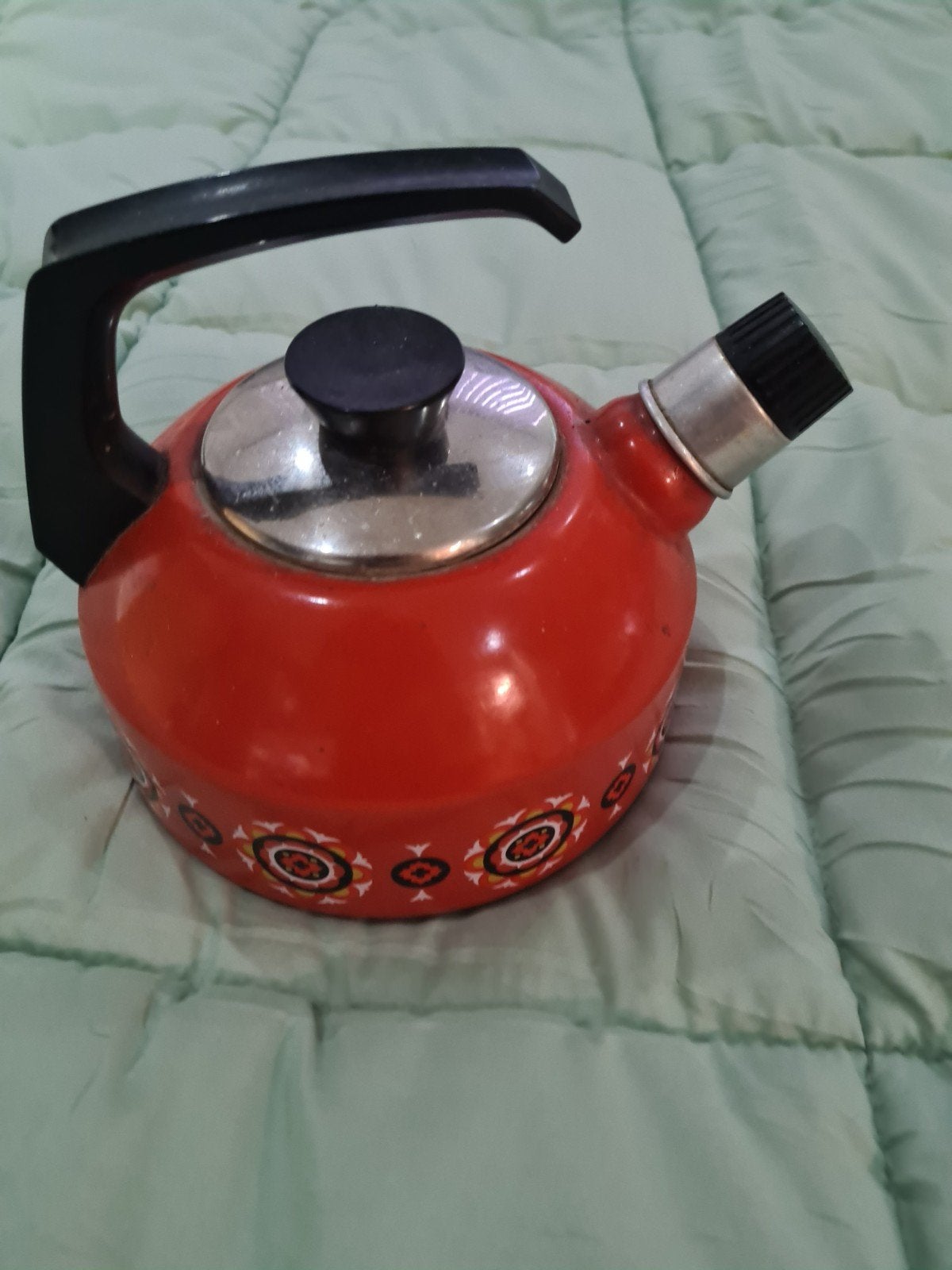 Vintage Rode Fluitketel met Decoratie, Ophalen of Verzenden