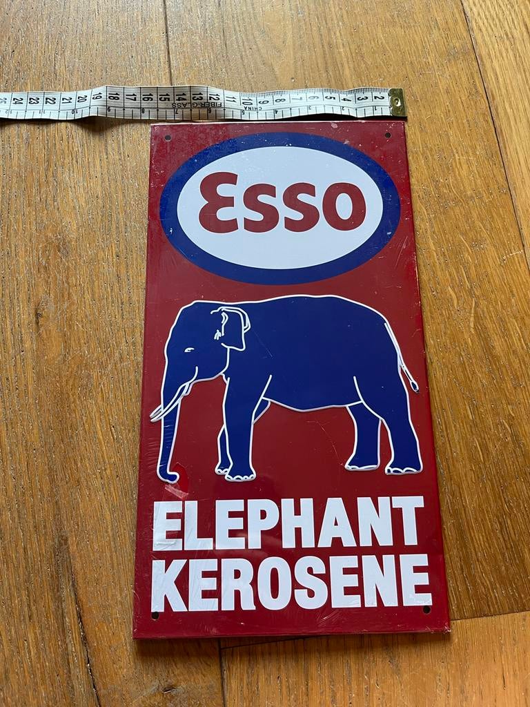 Metalen bord ESSO ELEPHANT KEROSENE - 16x28 cm, Ophalen of Verzenden, Zo goed als nieuw