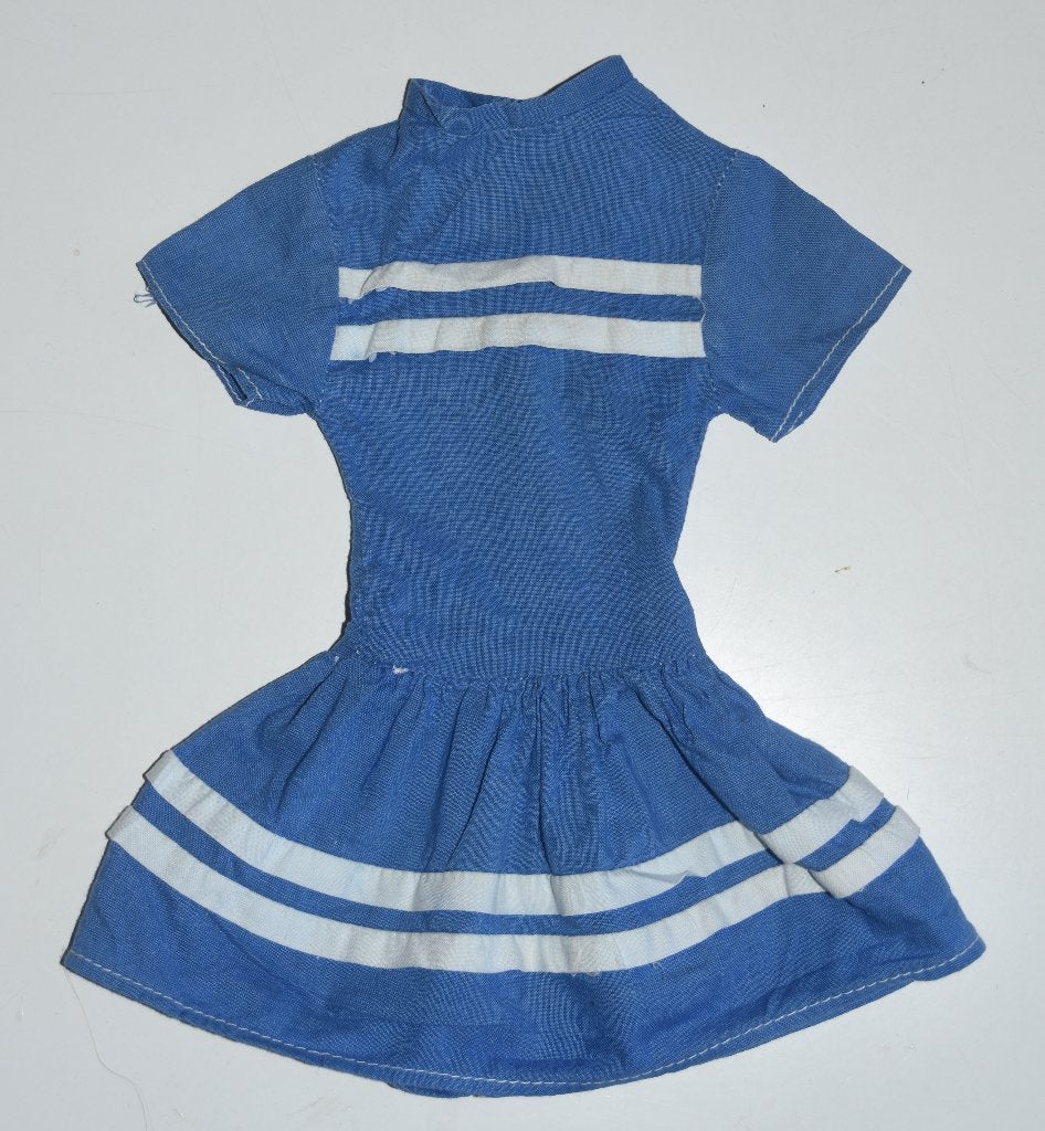 Oud poppenjurkje blauw met witte strepen 50s, Verzenden, Gebruikt, Kleertjes