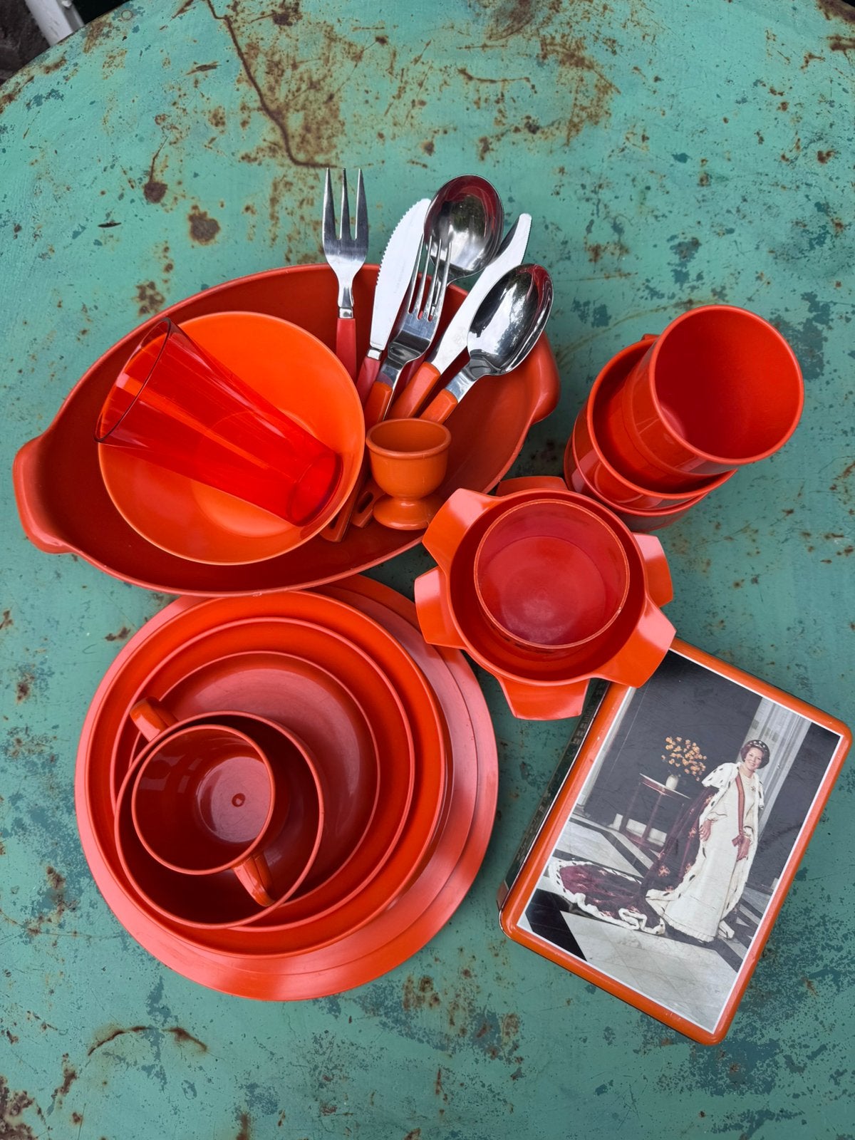 Retro vintage oranje kampeer servies Mepal Emsa, Caravans en Kamperen, Kampeeraccessoires, Gebruikt, Ophalen of Verzenden