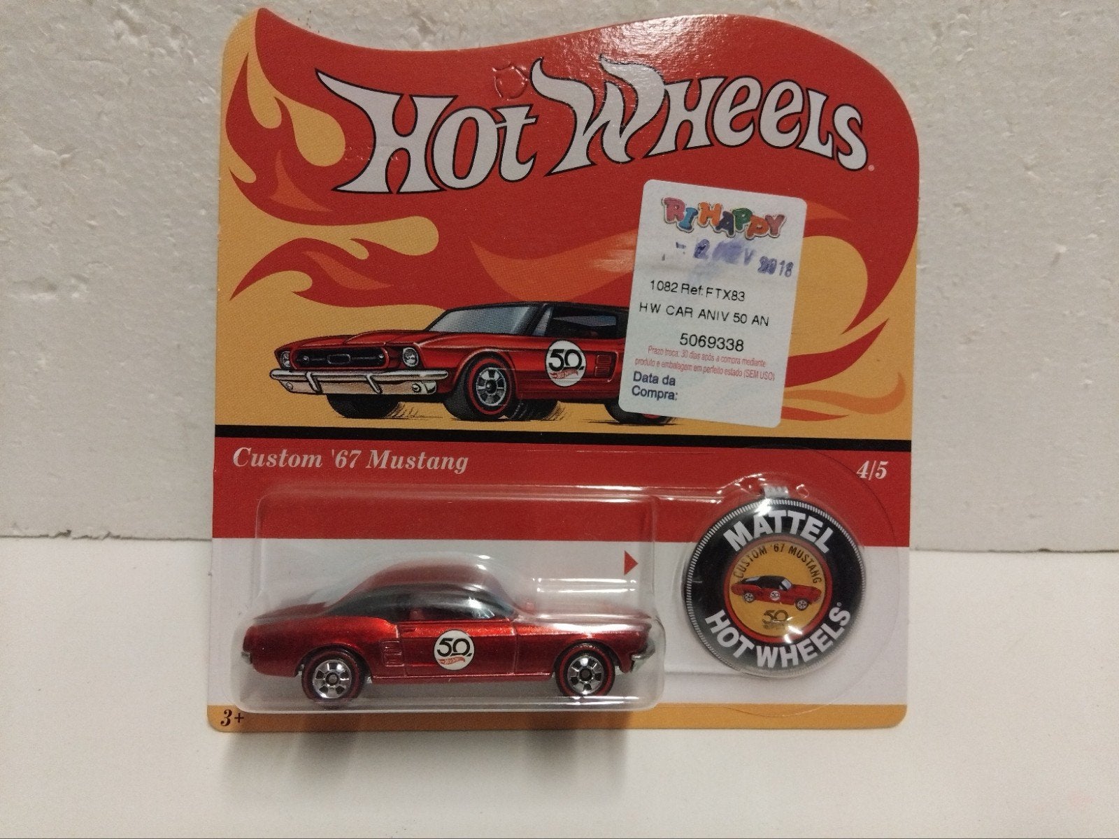 Hot Wheels button 50 anniversary Ford Mustang  red 3INCH, Ophalen of Verzenden, Zo goed als nieuw, Auto, Overige merken