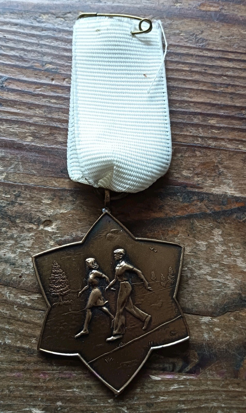 Vintage  Medaille met wit Lint - Wandelaars stervormig, Ophalen of Verzenden, Overige materialen, Nederland