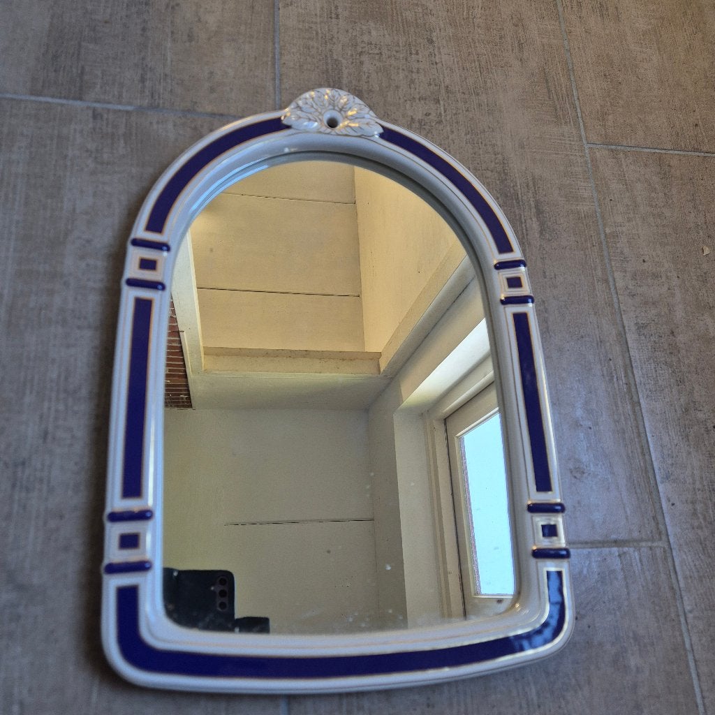 Franse spiegel met keramiek lijst Royal blue met goudbies, Huis en Inrichting, Woonaccessoires | Spiegels, Minder dan 50 cm, Ophalen of Verzenden